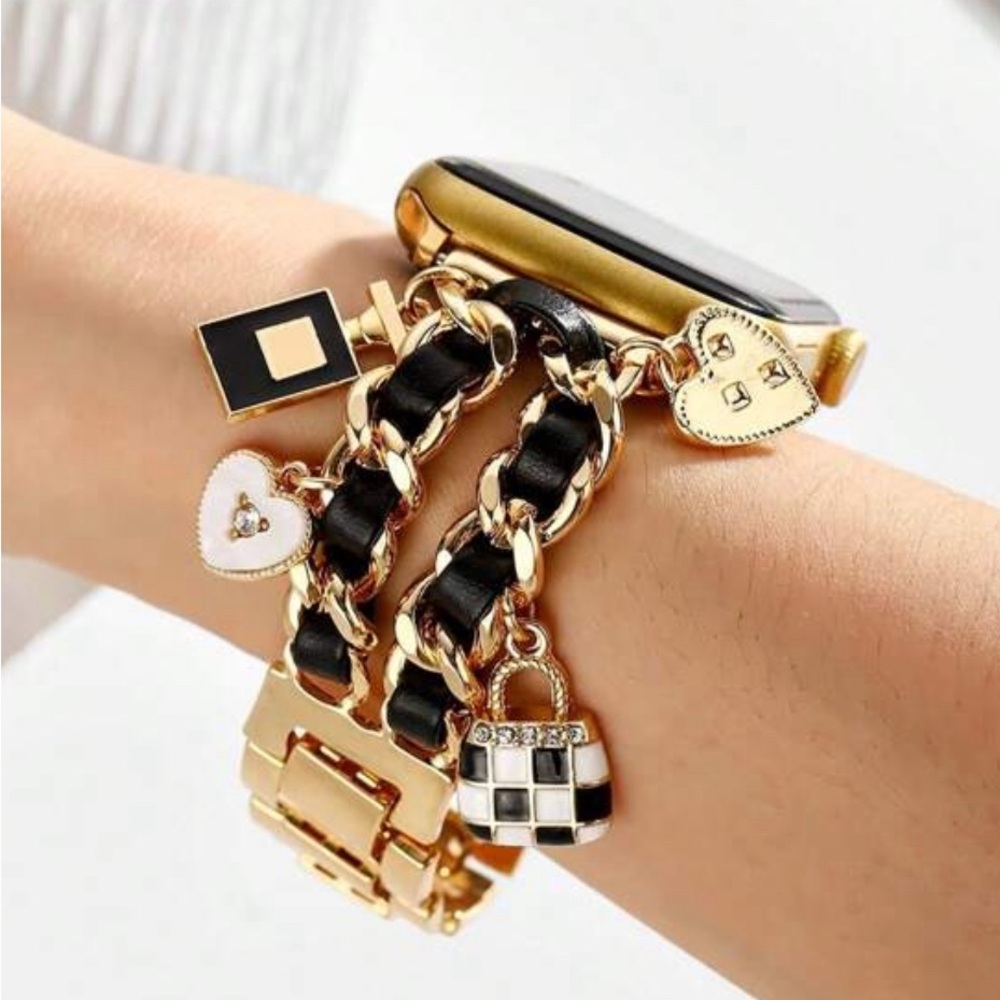 Gold and Black Charm Bracelet Watch